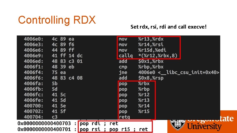 Controlling RDX Set rdx, rsi, rdi and call execve! 