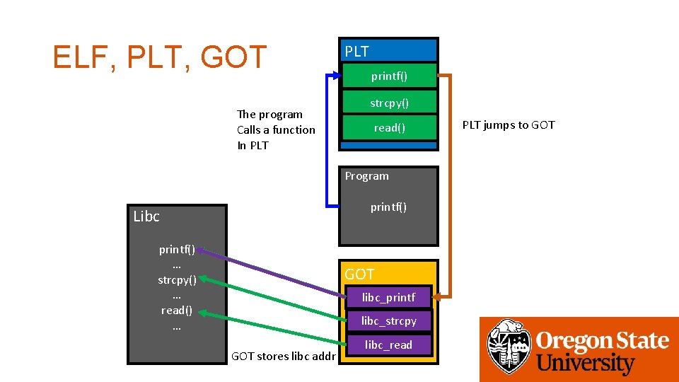 ELF, PLT, GOT The program Calls a function In PLT printf() strcpy() read() Program