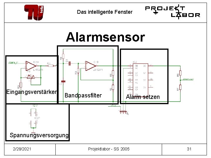 Das intelligente Fenster Alarmsensor Eingangsverstärker Bandpassfilter Alarm setzen Spannungsversorgung 2/28/2021 Projektlabor - SS 2005