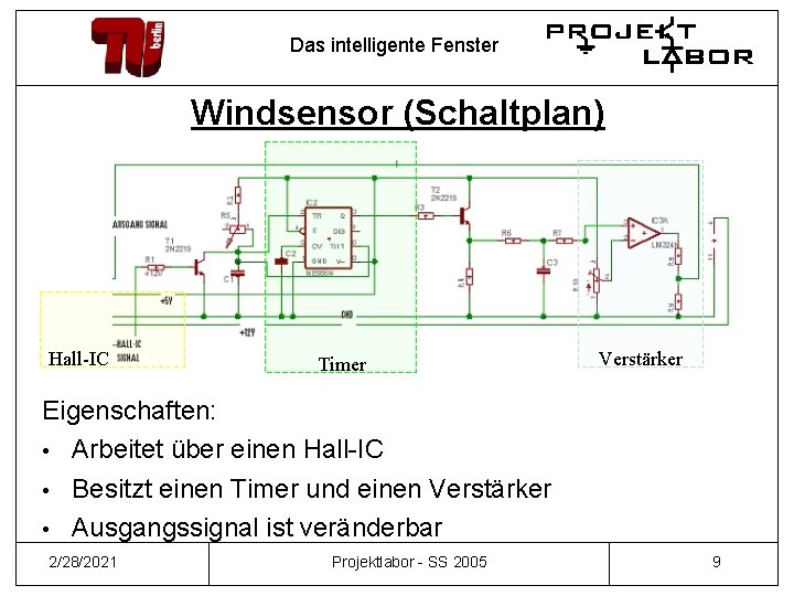Das intelligente Fenster Windsensor (Schaltplan) Hall-IC Timer Verstärker Eigenschaften: • Arbeitet über einen Hall-IC