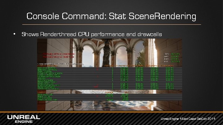 Console Command: Stat Scene. Rendering • Shows Renderthread CPU performance and drawcalls Unreal Engine