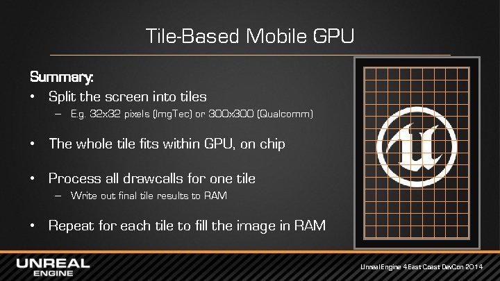 Tile-Based Mobile GPU Summary: • Split the screen into tiles – E. g. 32