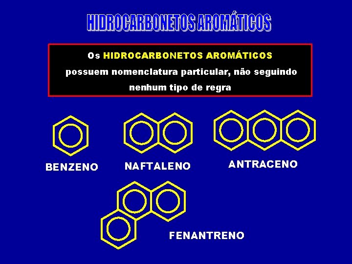 Os HIDROCARBONETOS AROMÁTICOS possuem nomenclatura particular, não seguindo nenhum tipo de regra BENZENO NAFTALENO