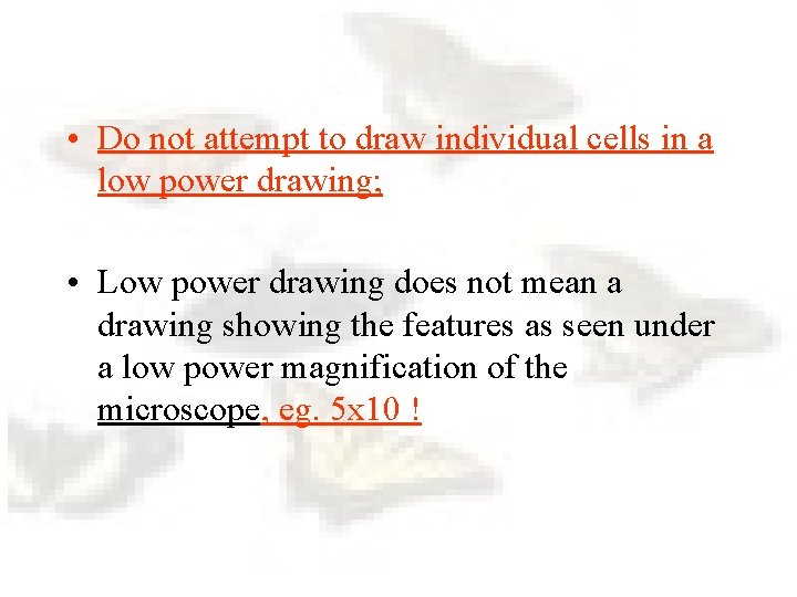  • Do not attempt to draw individual cells in a low power drawing;
