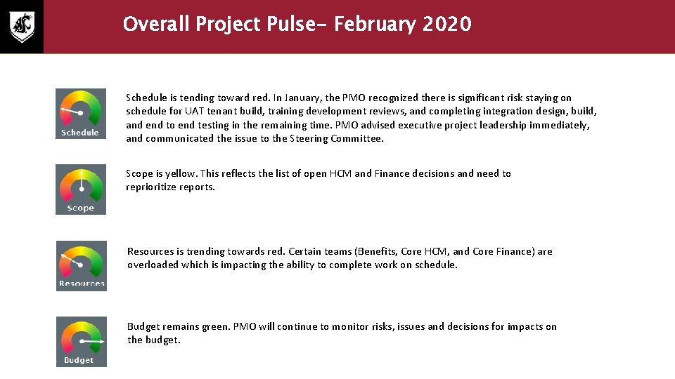 Overall Project Pulse- February 2020 Schedule is tending toward red. In January, the PMO