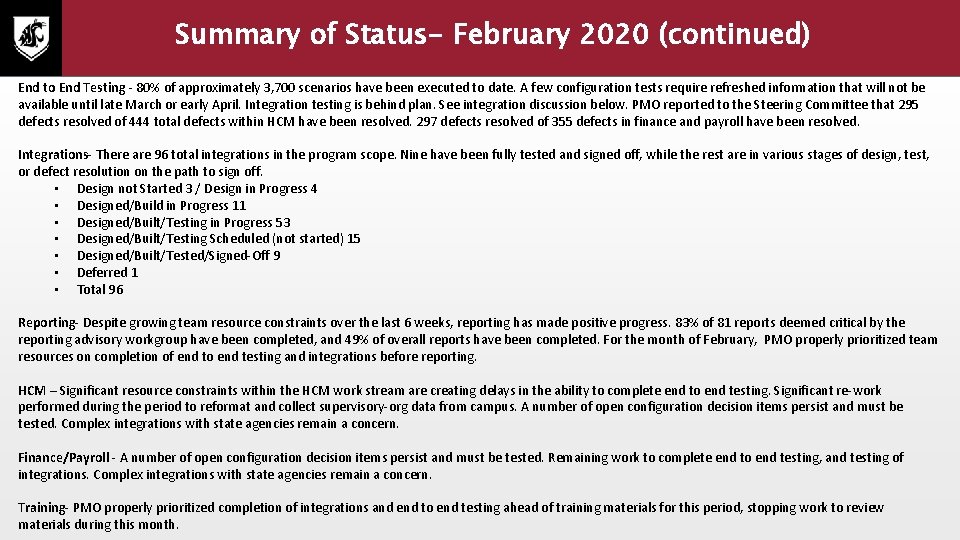 Summary of Status- February 2020 (continued) End to End Testing - 80% of approximately