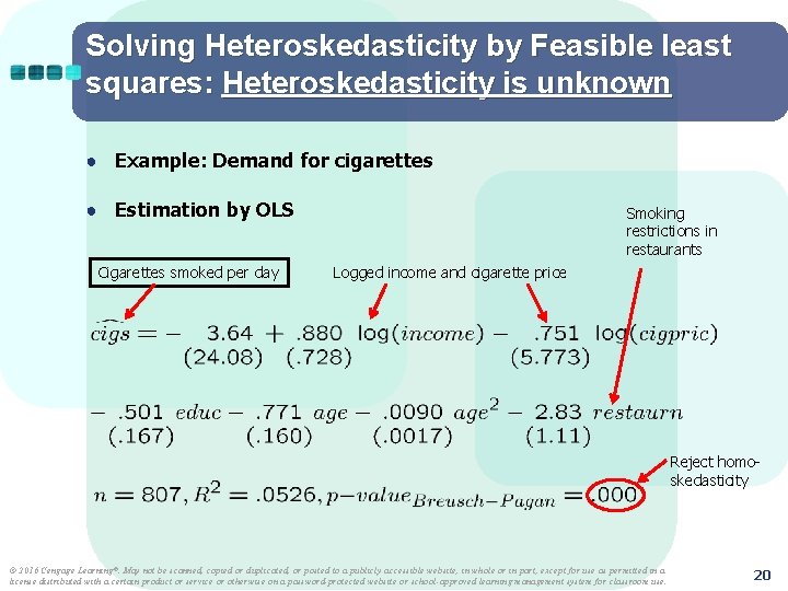 Solving Heteroskedasticity by Feasible least squares: Heteroskedasticity is unknown ● Example: Demand for cigarettes