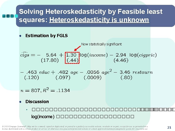 Solving Heteroskedasticity by Feasible least squares: Heteroskedasticity is unknown ● Estimation by FGLS Now