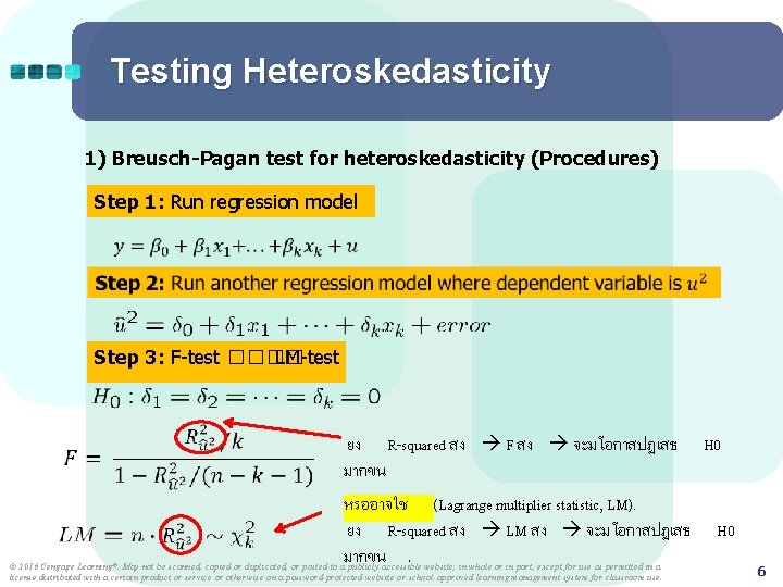 Testing Heteroskedasticity 1) Breusch-Pagan test for heteroskedasticity (Procedures) ●Step 1: Run regression model Step