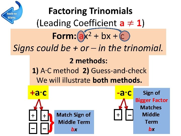  Form: ax 2 + bx + c Signs could be + or –