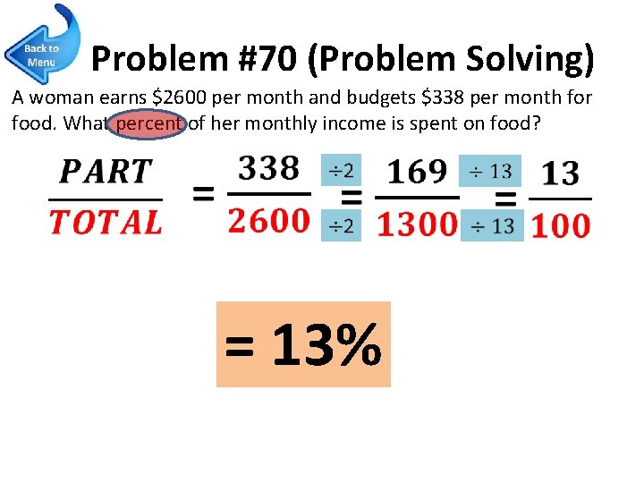 Problem #70 (Problem Solving) A woman earns $2600 per month and budgets $338 per