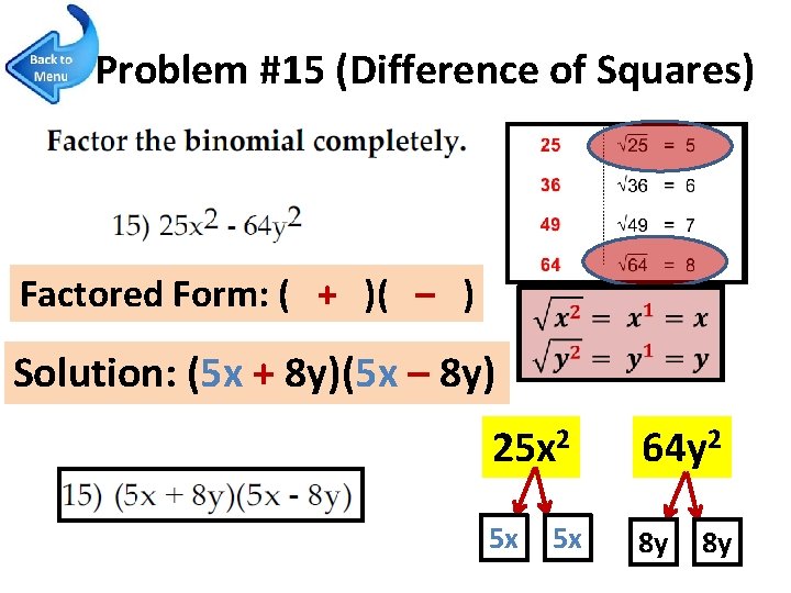 Problem #15 (Difference of Squares) Factored Form: ( + )( – ) Solution: (5