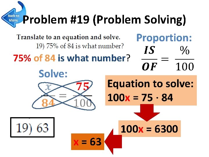 Problem #19 (Problem Solving) 75% of 84 is what number? x = 63 100