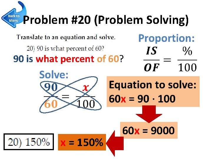 Problem #20 (Problem Solving) 90 is what percent of 60? x = 150% 60