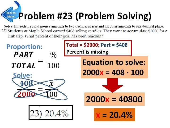 Problem #23 (Problem Solving) Total = $2000; Part = $408 Percent is missing 2000