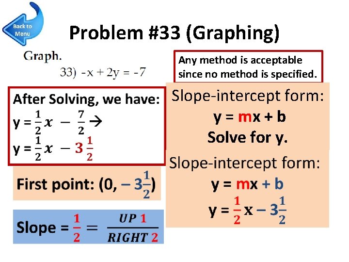 Problem #33 (Graphing) Any method is acceptable since no method is specified. Slope-intercept form: