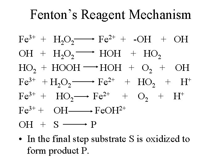 Fenton’s Reagent Mechanism Fe 3+ + H 2 O 2 Fe 2+ + -OH