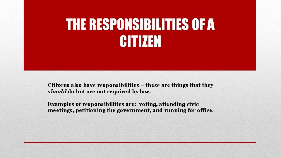 THE RESPONSIBILITIES OF A CITIZEN Citizens also have responsibilities – these are things that