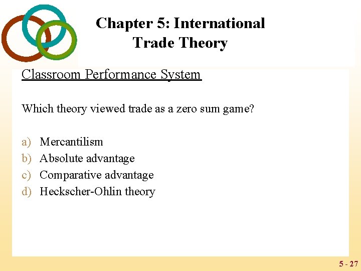Chapter 5: International Trade Theory Classroom Performance System Which theory viewed trade as a