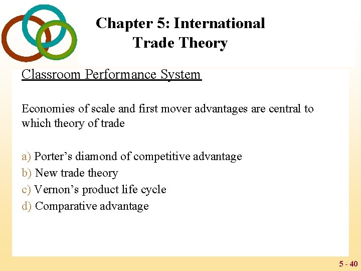 Chapter 5: International Trade Theory Classroom Performance System Economies of scale and first mover
