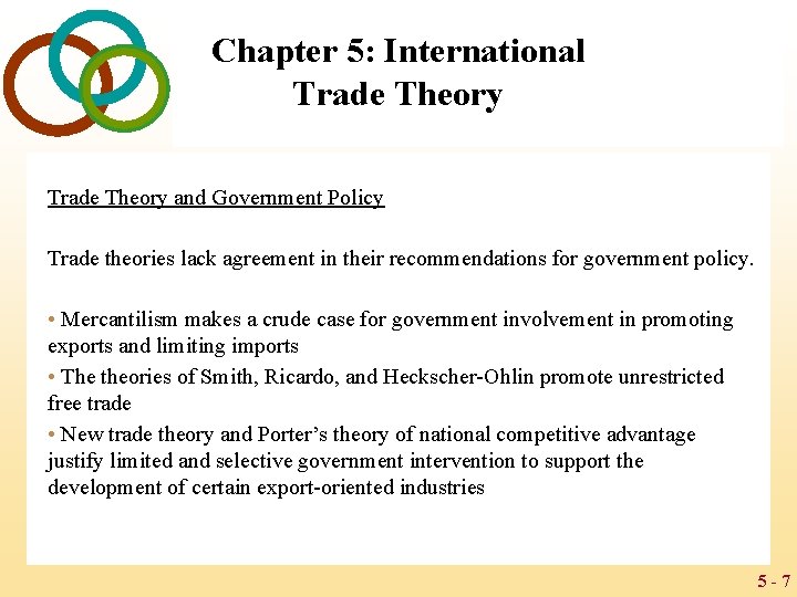 Chapter 5: International Trade Theory and Government Policy Trade theories lack agreement in their