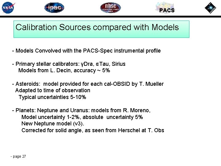 PACS Calibration Sources compared with Models - Models Convolved with the PACS-Spec instrumental profile