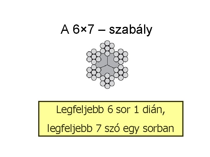 A 6× 7 – szabály Legfeljebb 6 sor 1 dián, legfeljebb 7 szó egy