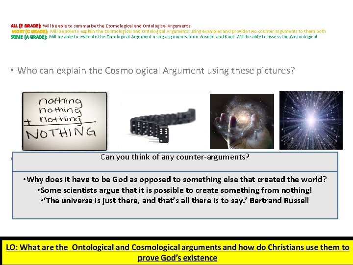 ALL (E GRADE): Will be able to summarise the Cosmological and Ontological Arguments MOST