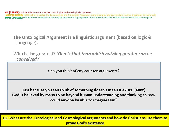 ALL (E GRADE): Will be able to summarise the Cosmological and Ontological Arguments MOST