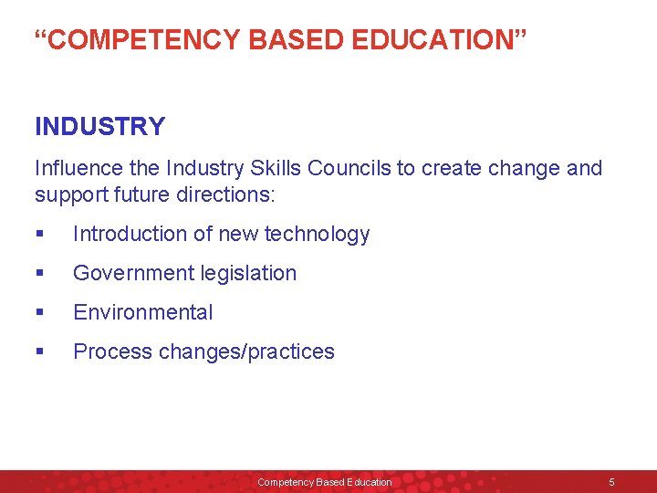 “COMPETENCY BASED EDUCATION” INDUSTRY Influence the Industry Skills Councils to create change and support