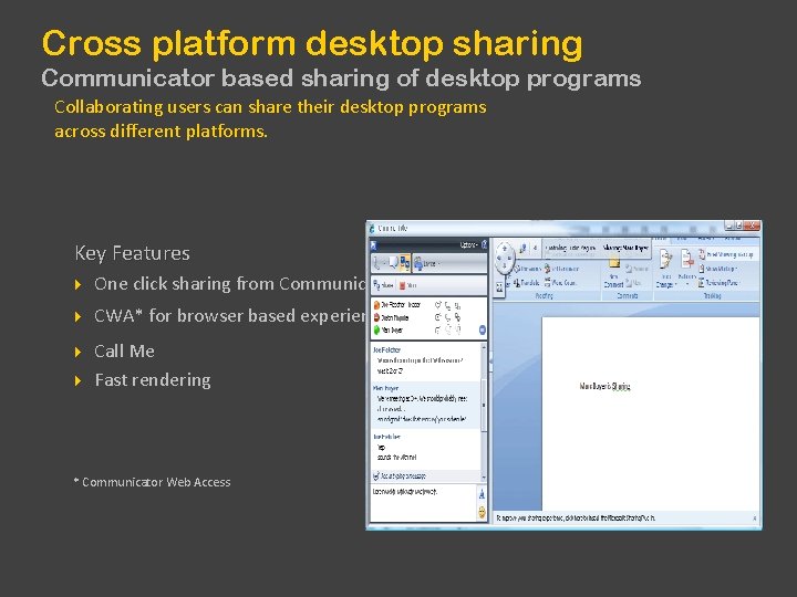 Cross platform desktop sharing Communicator based sharing of desktop programs Collaborating users can share