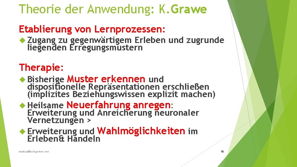 Theorie der Anwendung: K. Grawe Etablierung von Lernprozessen: Zugang zu gegenwärtigem Erleben und zugrunde