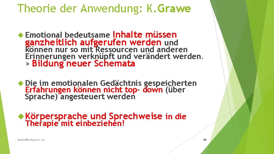 Theorie der Anwendung: K. Grawe bedeutsame Inhalte müssen ganzheitlich aufgerufen werden und können nur