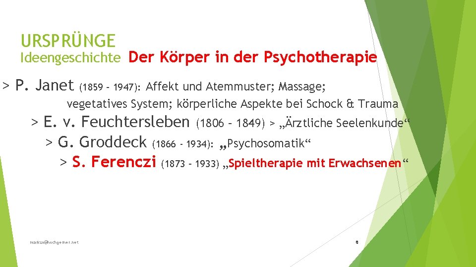 URSPRÜNGE Ideengeschichte Der Körper in der Psychotherapie > P. Janet Affekt und Atemmuster; Massage;