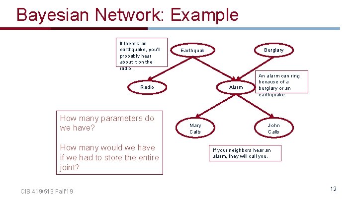 Bayesian Network: Example If there’s an earthquake, you’ll probably hear about it on the