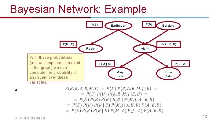 Bayesian Network: Example P(E) Earthquak e P(B) P(R | E) P(A | E, B)