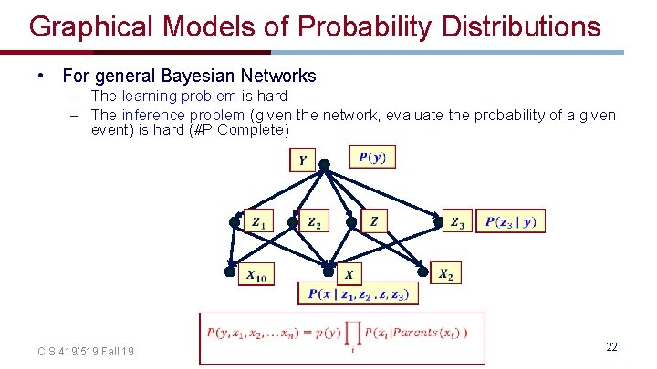 Graphical Models of Probability Distributions • For general Bayesian Networks – The learning problem