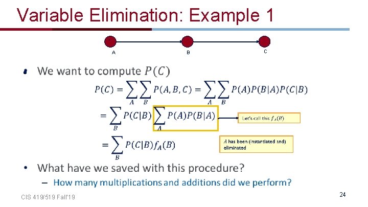Variable Elimination: Example 1 A A • C B CIS 419/519 Fall’ 19 24