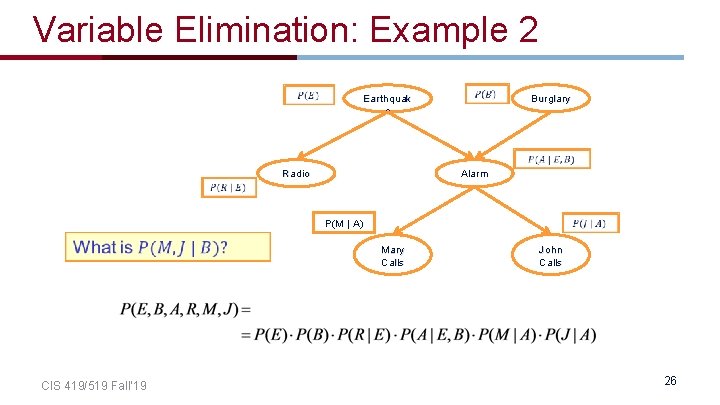 Variable Elimination: Example 2 Earthquak e Radio Alarm Burglary P(M | A) CIS 419/519