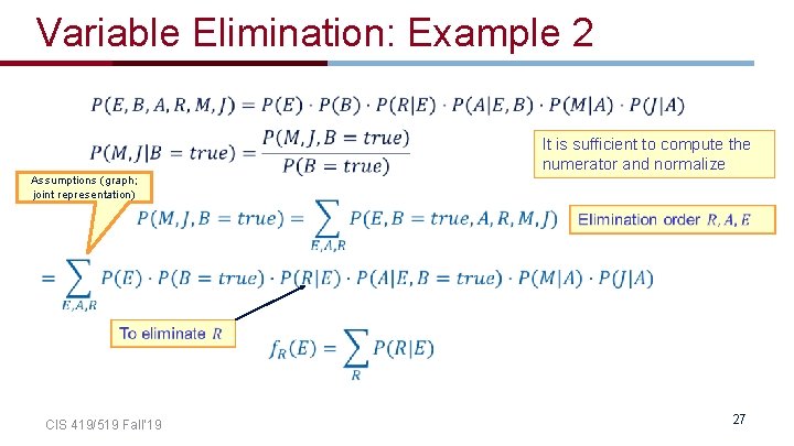 Variable Elimination: Example 2 It is sufficient to compute the numerator and normalize Assumptions