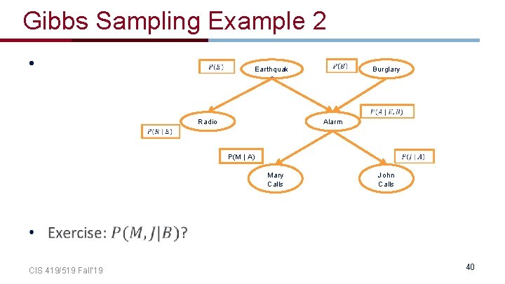 Gibbs Sampling Example 2 • Earthquak e Radio Alarm Burglary P(M | A) Mary