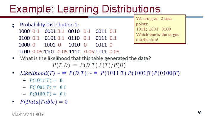 Example: Learning Distributions • CIS 419/519 Fall’ 19 50 