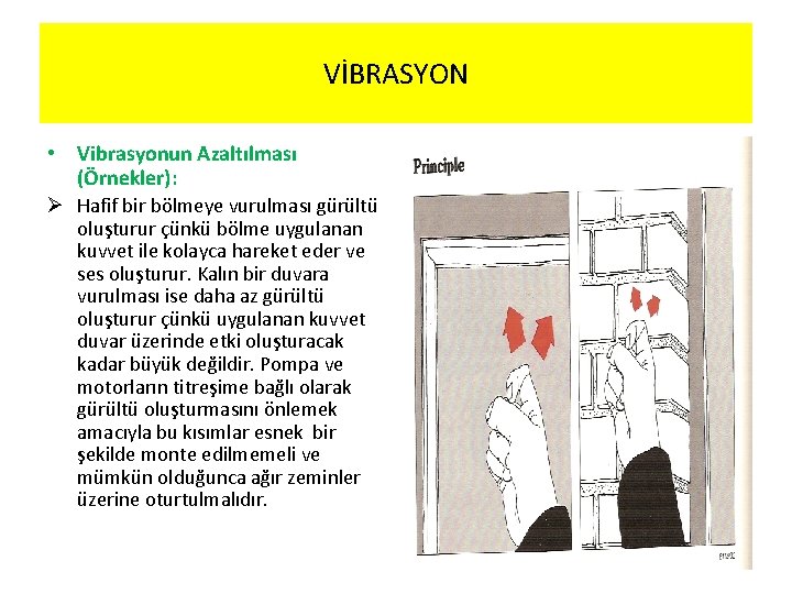 VİBRASYON • Vibrasyonun Azaltılması (Örnekler): Ø Hafif bir bölmeye vurulması gürültü oluşturur çünkü bölme