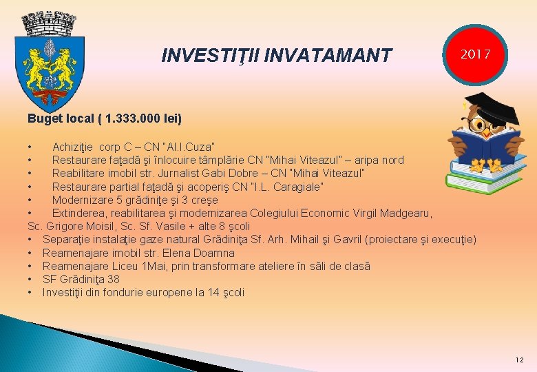 INVESTIŢII INVATAMANT 2017 Buget local ( 1. 333. 000 lei) • Achiziţie corp C