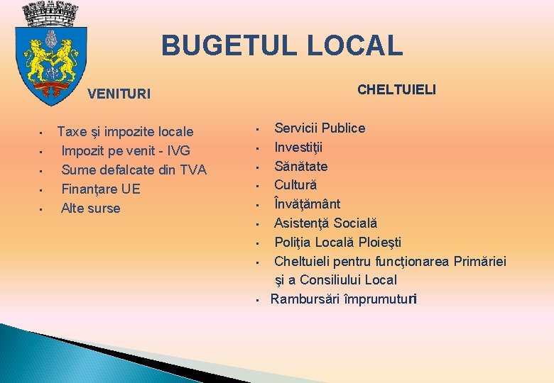 BUGETUL LOCAL CHELTUIELI VENITURI • • • Taxe şi impozite locale Impozit pe venit