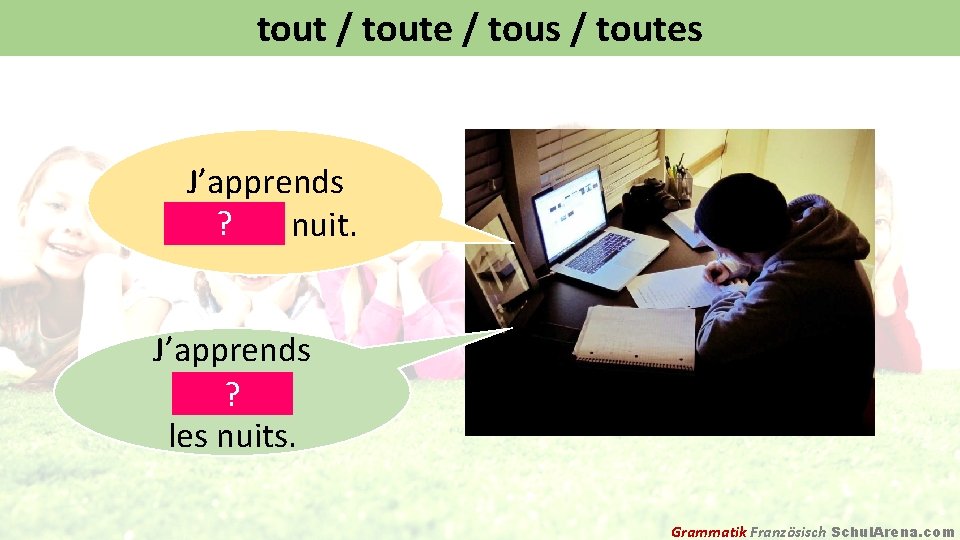 tout / toute / tous / toutes J’apprends ? chaque nuit. J’apprends toutes ?