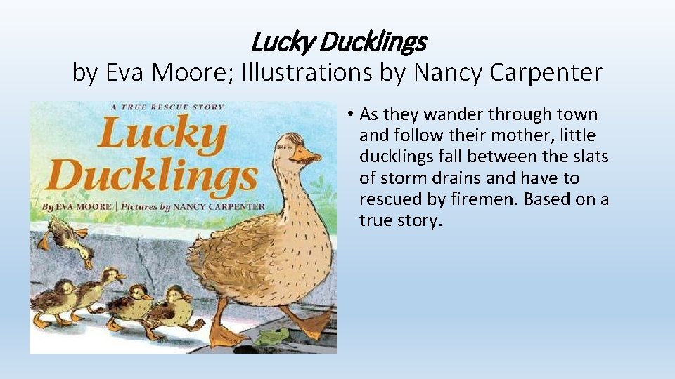 Lucky Ducklings by Eva Moore; Illustrations by Nancy Carpenter • As they wander through