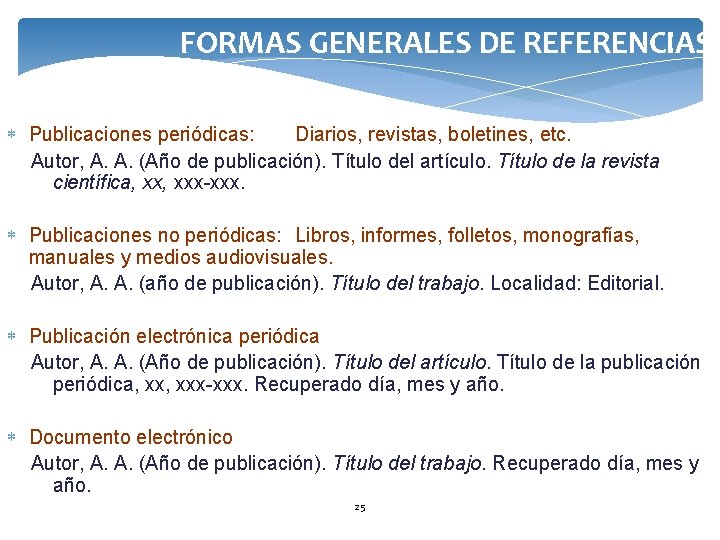 FORMAS GENERALES DE REFERENCIAS Publicaciones periódicas: Diarios, revistas, boletines, etc. Autor, A. A. (Año