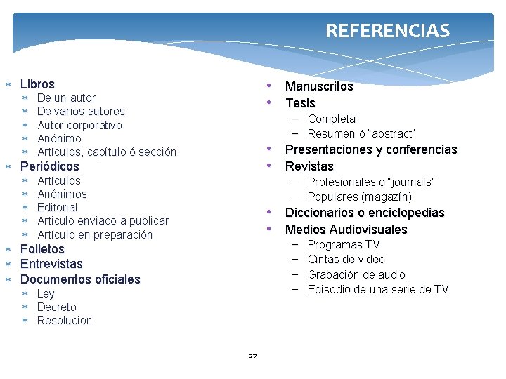 REFERENCIAS Libros De un autor De varios autores Autor corporativo Anónimo Artículos, capítulo ó