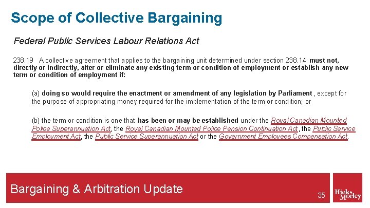Scope of Collective Bargaining Federal Public Services Labour Relations Act 238. 19 A collective